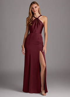 Azazie Elana Robes de demoiselle d'honneur Robe Fourreau en Satin extensible Fente Latérale Cabernet image1
