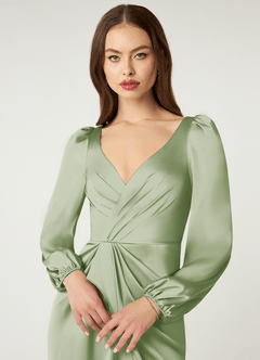 Azazie Mel Robes de demoiselle d'honneur Robe Fourreau en Satin extensible Manche longue Vert Sauge image5