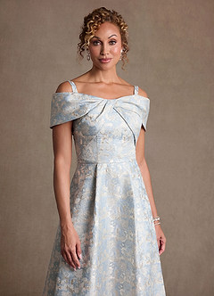 Azazie Harriett Moeder van de bruid jurken A-Lijn Jurk van Bloemenjacquard Off the Shoulder Stoffig Blauw image5