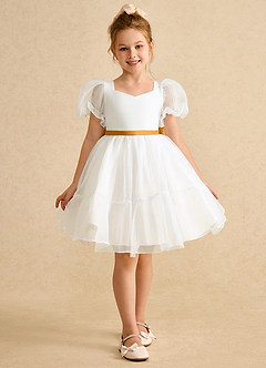 Azazie Debbie Flower Girl Dresses Ivory Butterscotch Ball-Gown Sweetheart Neckline Organza Dress image8