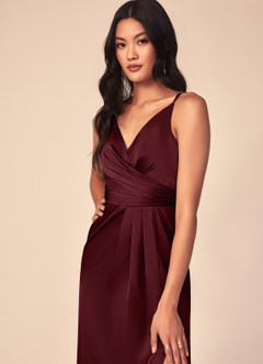 Azazie Aqua Bridesmaid Dresses Cabernet A-Line V-Neck Pleated Stretch Satin Dress image6