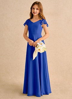 Azazie Nari Girls Formal Flower Girl Dresses Royal Blue A-Line with Sleeves Chiffon Dress image3