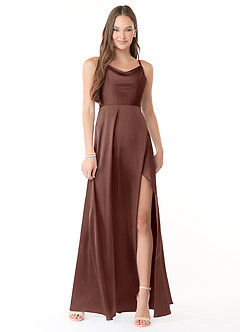 Azazie Naomie At-home Try On Dresses Terracotta A-Line Cowl Neckline Side Slit Stretch Satin Dress image1