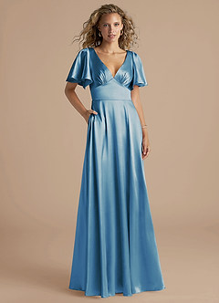 Azazie Kimber Bridesmaid Dresses Steel Blue A-Line Ruched Metallic Satin Dress image1