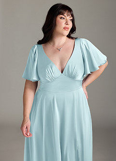 Azazie Kimber Bridesmaid Dresses Cloud Blue A-Line Ruched Stretch Satin Dress image11