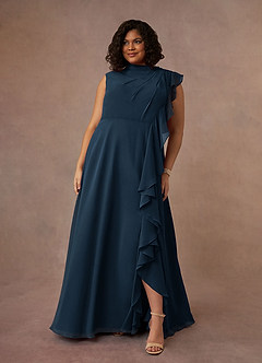Azazie Narine Mother of the Bride Dresses Dark Navy A-Line High Neckline Pleated Chiffon Dress image7