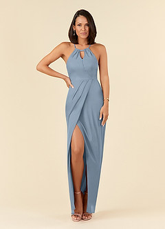 Azazie Hadid At-home Try On Dresses Dusty Blue Sheath Pleated Mesh Dress image3