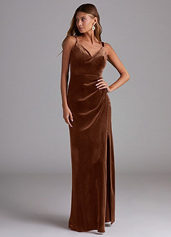 Azazie Leo Bridesmaid Dresses Umber Sheath Pleated Velvet Dress image4