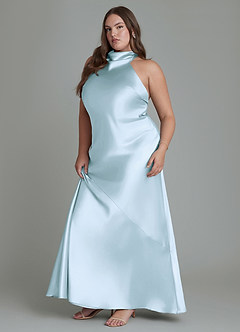 Azazie Velli At-home Try On Dresses Sky Blue Sheath High Neck Metallic Satin Dress image12