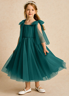 Azazie Dori Robe Demoiselle D'honneur Fillette Robe Trapèze en Tulle Rayé Paon image5