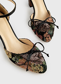front Floral Tapestry Ankle Strap Block Heels