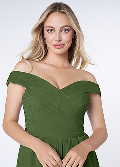 Azazie Audrianna Bridesmaid Dresses Olive A-Line Off-The-Shoulder Gathered Chiffon Convertible Dress image5