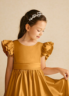 Azazie Piglette Flower Girl Dresses Butterscotch A-Line Bow Matte Satin Dress image3
