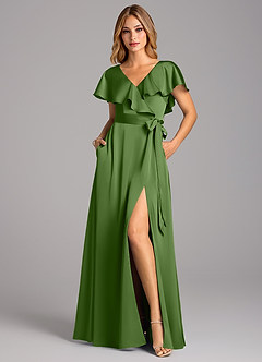 Azazie Lainey At-home Try On Dresses Eucalyptus A-Line with Pockets Stretch Satin Dress image4
