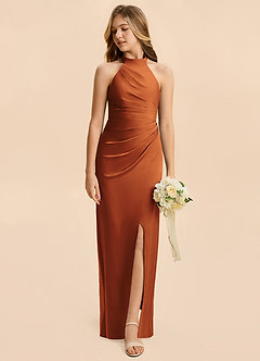 Azazie Jemma Junior Cinnamon Sheath Ruched Stretch Satin Dress image3