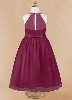 Azazie Honey Flower Girl Dresses Mulberry A-Line Beaded Matte Satin Dress image9
