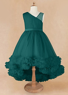 Azazie Lottie Flower Girl Dresses Peacock A-Line One Shoulder Satin Dress image5
