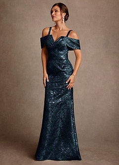 Azazie Bakersfield Abiti per la Madre della Sposa Abito Sirena in Jacquard Floreale a Spalla Scoperta Marino Scuro image4