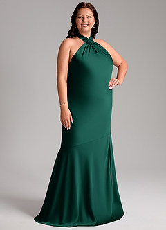 Azazie Lorena Bridesmaid Dresses Emerald Mermaid Pleated Stretch Satin Dress image10