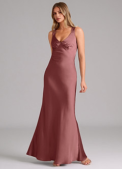 Azazie Kamila Bridesmaid Dresses Amethyst A-Line Pleated Stretch Satin Dress image3