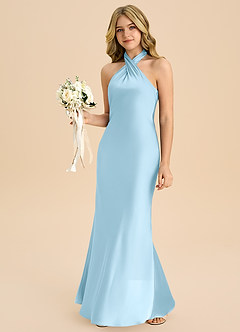 Azazie Chickie Junior Vestido de Azul Cielo de Satén Elástico de Corte Recto con Plisado image4