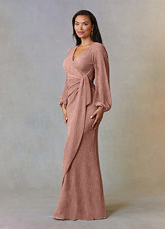 Azazie Sterling vestidos de madre de la novia Vestido de Oro Rosa de Malla Metálica de Corte En A con Volante image2