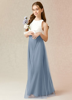 Azazie Albertine Junior Dusty Blue A-Line Lace Chiffon Dress image4