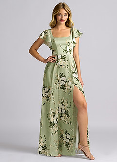 Azazie Bondi Bridesmaid Dresses Floral Vines A-Line Bow Stretch Satin Dress image2