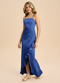 Azazie Buzzy Junior Robe Fourreau en Satin extensible Plissée Bleu Roi image7