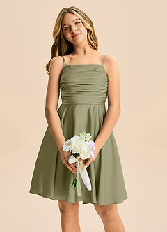 Azazie Miko Junior Vestido de Pistacho de Satén Elástico de Corte en A con Plisado image6