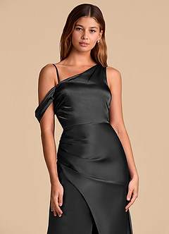 Azazie Madelyn Suknie dla druhen Syrena Zza ramienia Metaliczny satynowy Do ziemi Sukienka image2