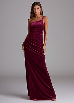 Azazie Eren Vestidos de damas de honor Vestido de Cabernet de terciopelo de Corte Recto con Hombro unilateral image3