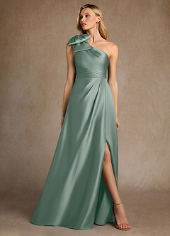 Azazie Easton Mère de la mariée Robes Robe Trapèze en Satin extensible Une épaule Sauge D'argent image4