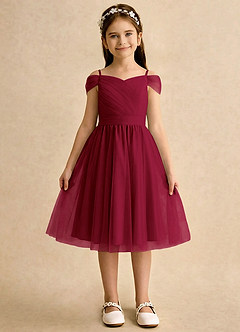 Azazie Lila Girls Formal Robe Demoiselle D'honneur Fillette Robe Trapèze en Tulle Épaule décolletée Bourgogne image1