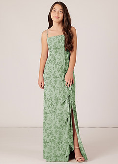 Azazie Kaylee Junior Jurk van Chiffon met A-Lijn met Riem Groene Varen Bloemen image1