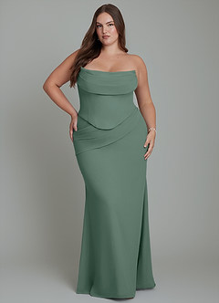 Azazie Sorrel Vestidos de damas de honor Vestido Musgo Marino de Gasa de Corte Sirena con Corsé image16