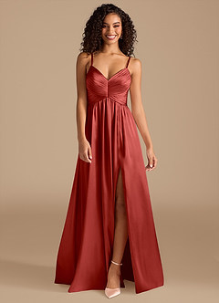 Azazie Alia Bridesmaid Dresses Rust A-Line Pleated Metallic Satin Dress image8