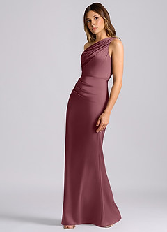 Azazie Akilah Robes de demoiselle d'honneur Robe Sirène en Satin extensible Asymétrique Rose Du Désert image5