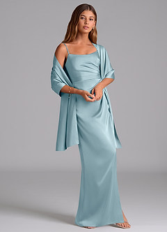 Azazie Calandra Robes de demoiselle d'honneur Robe Trapèze en Satin extensible Plissée Bleu Maussade image2