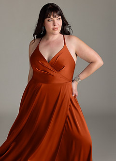 Azazie Davis Brautjungfernkleider A-Linie Plissee Stretch-Satin Kleid Paprika image11