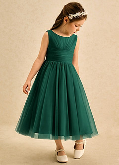 Azazie Macaron Abiti da Ragazza di Fiori Abito A-Line in Tulle Plissettato Smeraldo image1