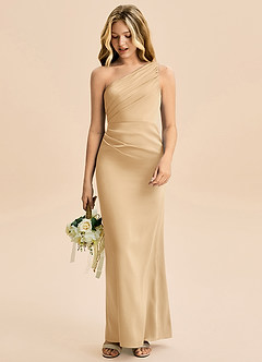 Azazie Akilah Junior Gold Sheath Pleated Stretch Satin Dress image3