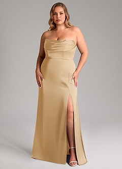Azazie Saige Jurken voor bruidsmeisjes Jurk van Stretch Satijn met Kolom Off the Shoulder Goud image16