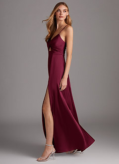 Azazie Jenna Bridesmaid Dresses Burgundy A-Line Pleated Stretch Satin Dress image3