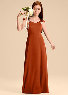 Azazie Everett Junior Abito A-Line in Raso Elasticizzato Fiocco Arancia Bruciata image5