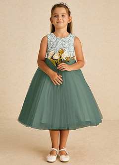 Azazie Missy Flower Girl Dresses Ivory Eucalyptus A-Line Sleeveless Tulle Dress image2