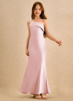 Azazie Almond Girls Formal Flower Girl Dresses Blushing Pink Sheath One Shoulder Stretch Satin Dress image6