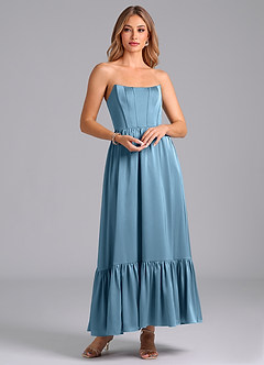 Azazie Leilana Bridesmaid Dresses Steel Blue A-Line Corset Stretch Satin Dress image1