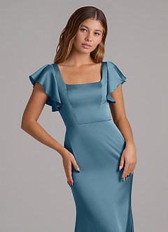 Azazie Elkie Brautjungfernkleider Meerjungfrau-Linie Rechteckiger Ausschnitt Stretch-Satin Kleid Bermudablau image6
