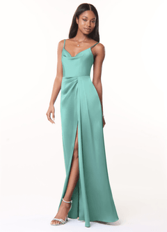 Azazie Brielle Bridesmaid Dresses Aqua A-Line Cowl Spaghetti Straps Stretch Satin Dress image3